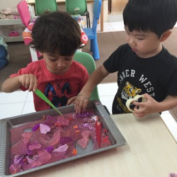 Exploring our Valentines' themed jelly sensory tray!