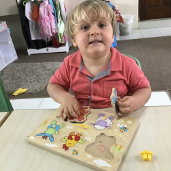 Henry completing a farm animals puzzle.