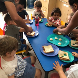 Urvi and Joseph ( Isla’s parents) teaching us to make the “Hungry Little Caterpillar” sandwiches!