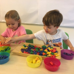 Bella and Charlie work together to sort by color.