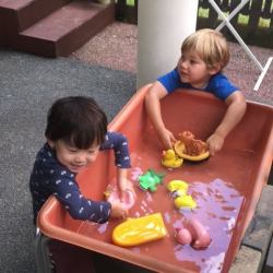 Ethan and Max see what can float in the water table.