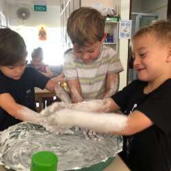 The boys have fun with shaving foam!