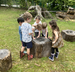 Busy bees enjoying Legos outdoors.