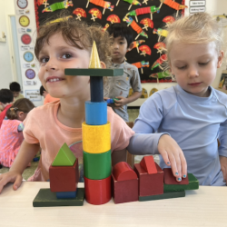 Kate and Regan created a birthday cake in shape of castle using Wooden blocks .