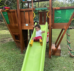 Teddy braving the pirate ship slide!