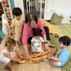 Victoire, Nila, George and Avery helping to make the tree trunk for our cherry blossom tree!