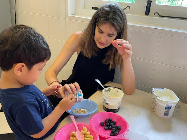 Making yogurt sundaes with Clemmie’s mum for cookery today.