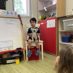 Isaac introduces his favourite toy, Koala during show and tell.