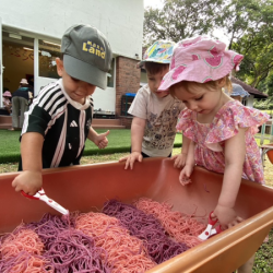 Playing with pink and purple pasta!