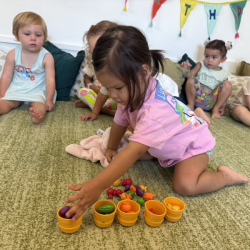 Amelia helping to sort the vegetables by colour!