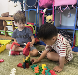 Wilbur and Lincoln having fun with blocks.