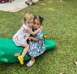 Indie and Alba having a cuddle on the seesaw!.