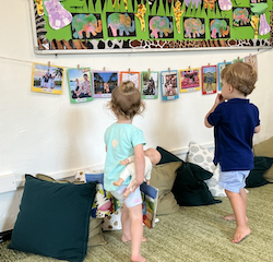 Indie and Leo looking at all the family photos!