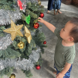 Nate putting a gift tag on the giving tree!