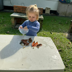 Charlotte watering her collection of leaves!