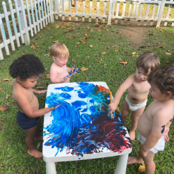 Painting tables in the garden.