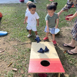 Nate practicing throwing the bean bag!'