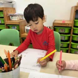 Niko is focused on completing his matching worksheet