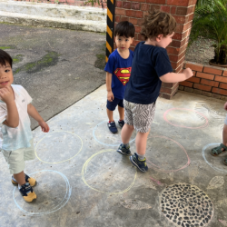 Playing a game of Simon says - red,yellow,blue! 