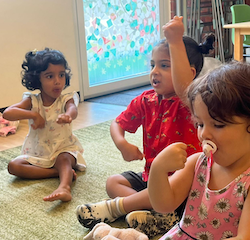 Nila , Archish and Zaya singing “The Wheels on the Bus.”