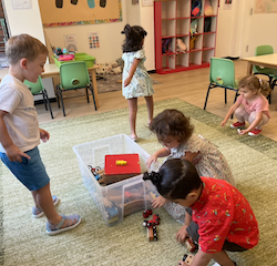The Fireflies are working together to clean up the toys.
