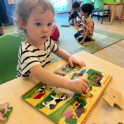 Indie working on an animal puzzle.