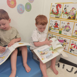 Sharing stories with one another.