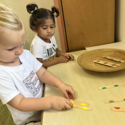 Eleanor pairing coloured popsicle sticks