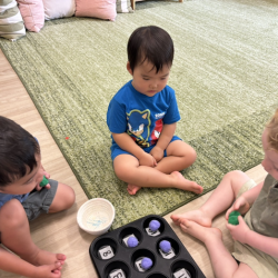 Cara, Mateo and Arthur playing a numeral recognition game with pom poms.